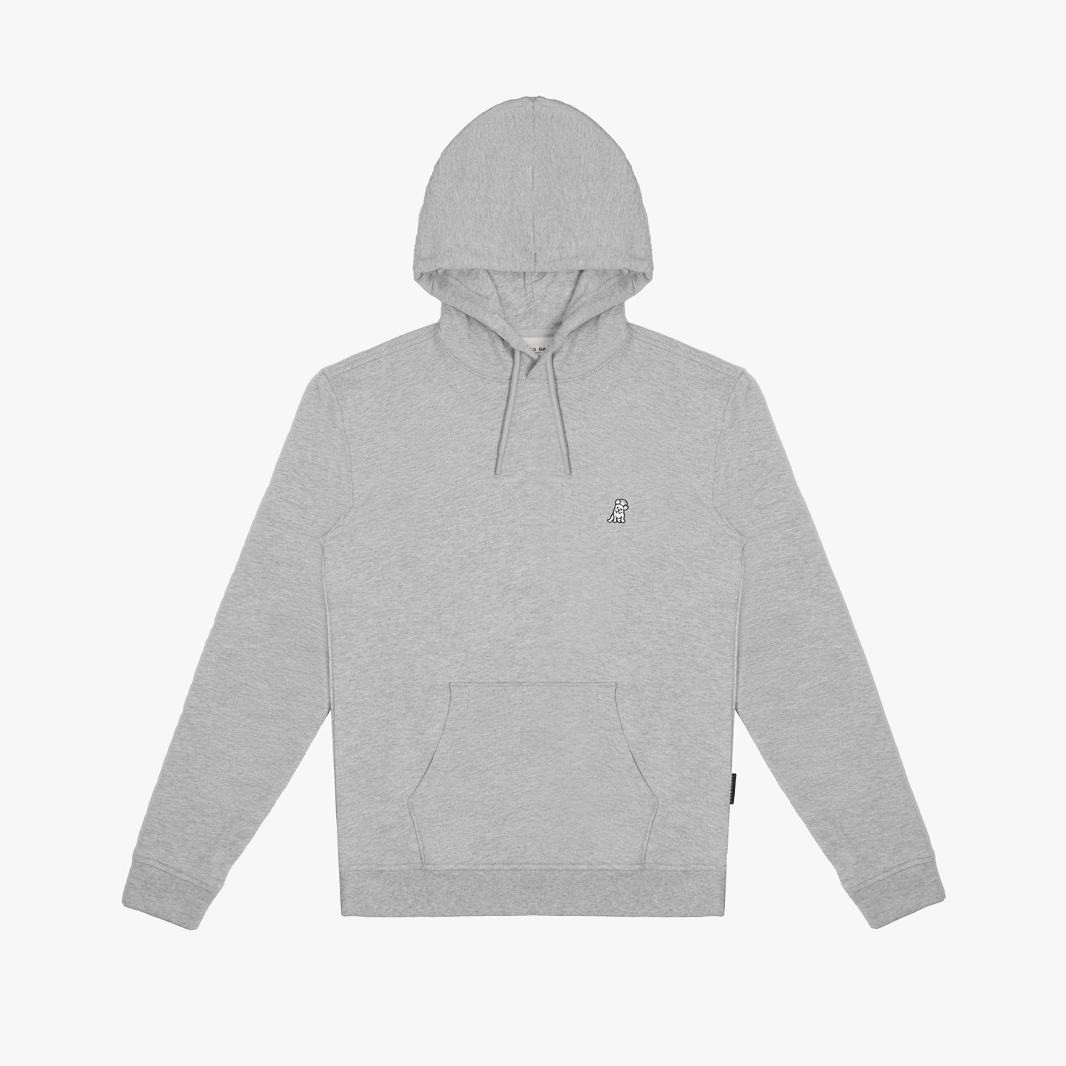 The hoodie is laid flat, featuring a kangaroo pocket, drawstrings, and a small embroidered logo on the chest.