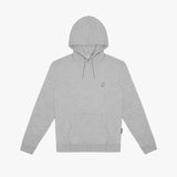 The hoodie is laid flat, featuring a kangaroo pocket, drawstrings, and a small embroidered logo on the chest.