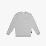 Light gray crewneck sweatshirt with an embroidered dog logo on the left chest