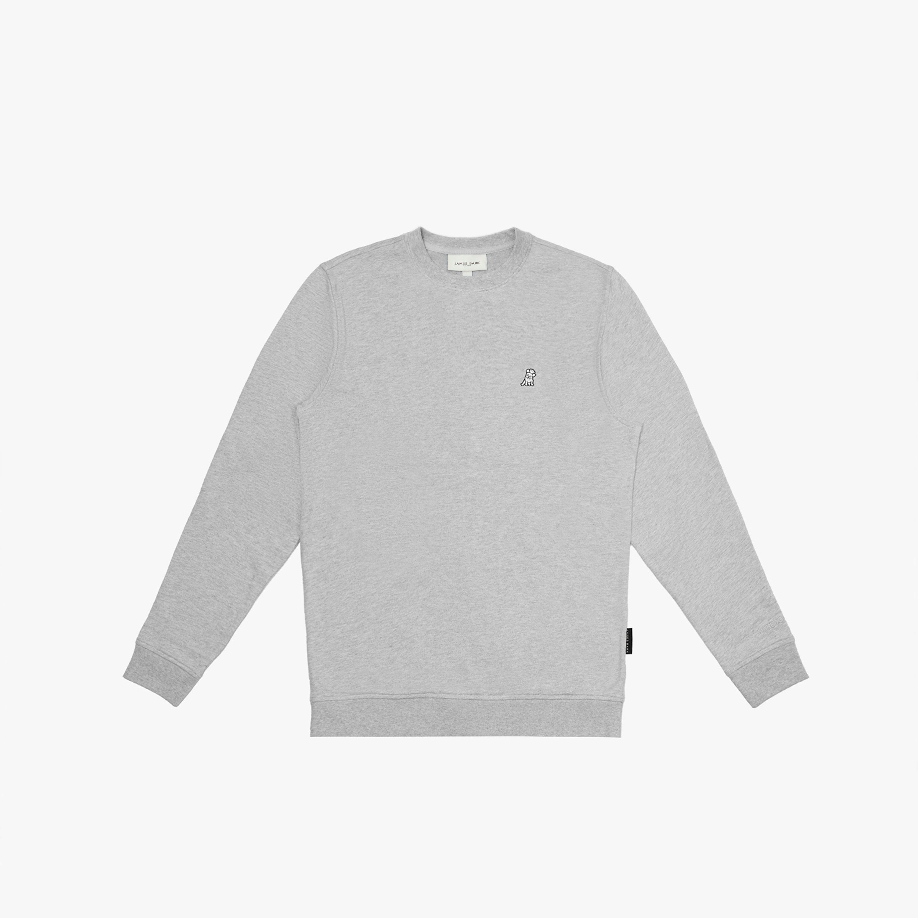 Light gray crewneck sweatshirt with an embroidered dog logo on the left chest