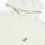 Displays the ribbed neckline, hood, and drawstrings, with a clear view of the embroidered logo detail.