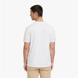 A man viewed from the back wearing a plain white short-sleeve T-shirt and khaki pants