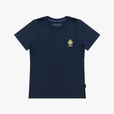 A navy blue T-Shirt with a small gold embroidered crest on the left chest, displayed flat