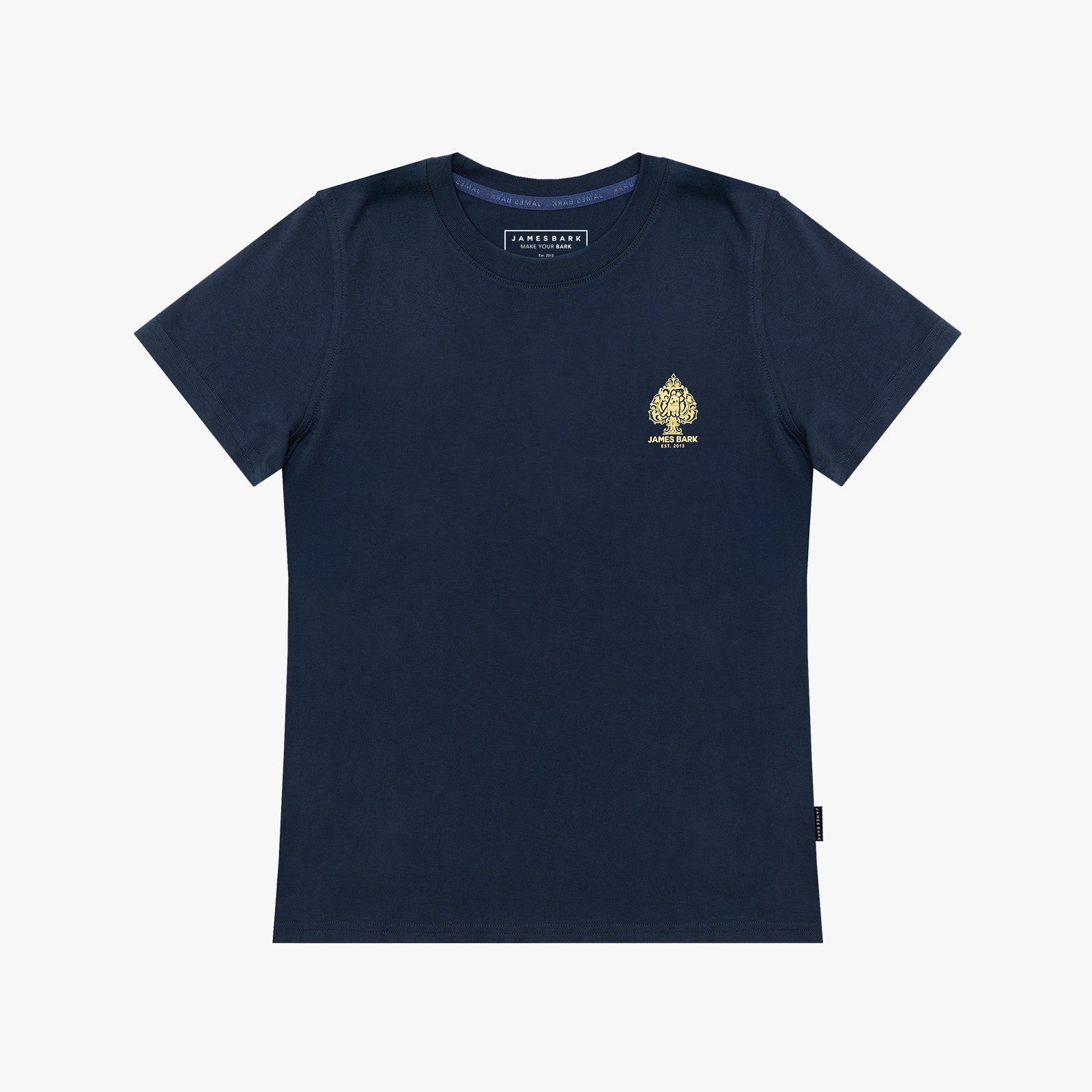 A navy blue T-Shirt with a small gold embroidered crest on the left chest, displayed flat