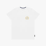 A white T-shirt with a small gold and blue crest graphic on the left chest, displayed flat