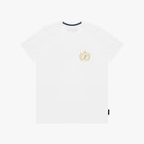 A white T-shirt with a small gold and blue crest graphic on the left chest, displayed flat