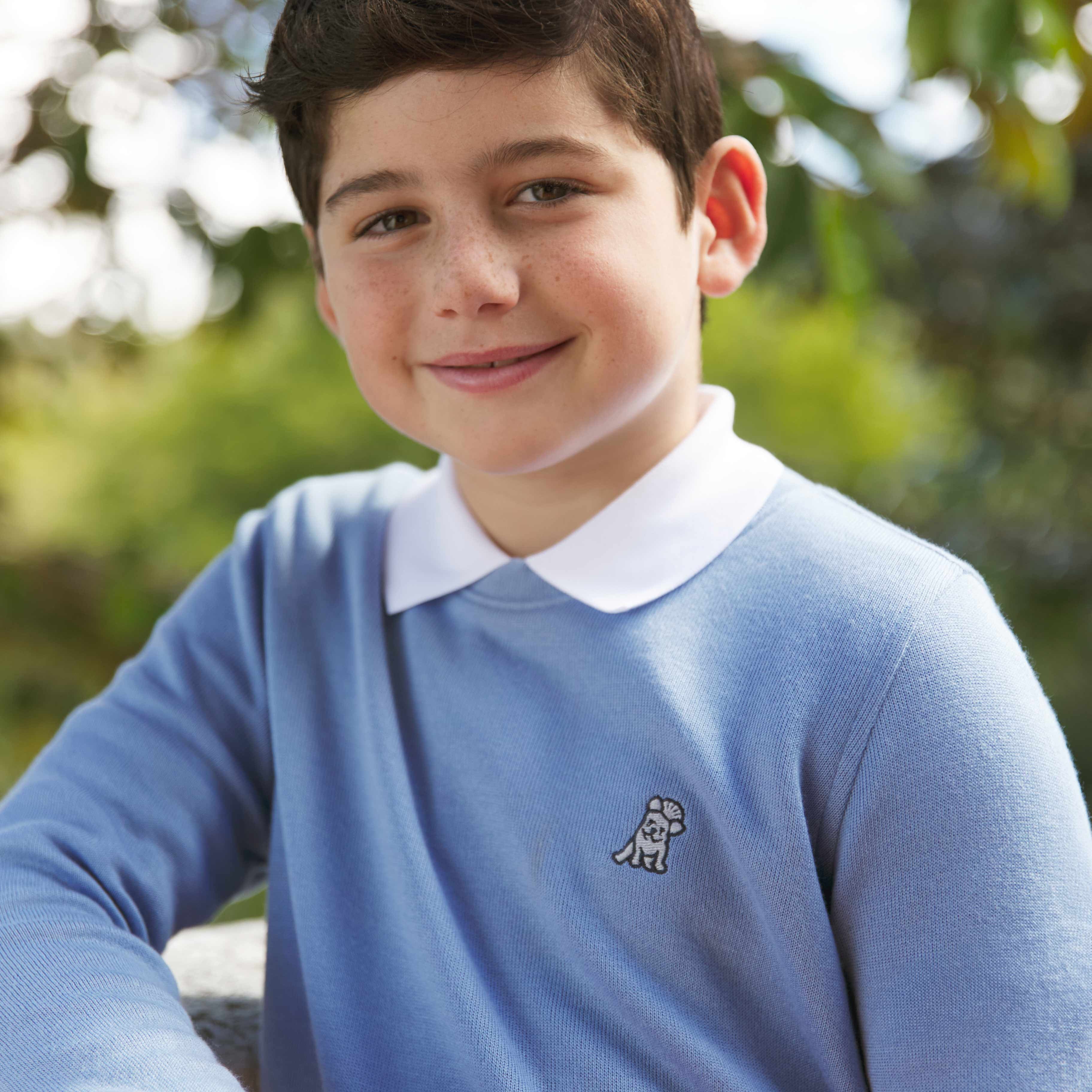 A young boy with short dark hair and freckles, wearing a light blue long-sleeved sweater with a white collared shirt underneath. A small embroidered dog logo is visible on the chest. He is leaning on a stone ledge, smiling at the camera, with a blurred natural background of trees and foliage.