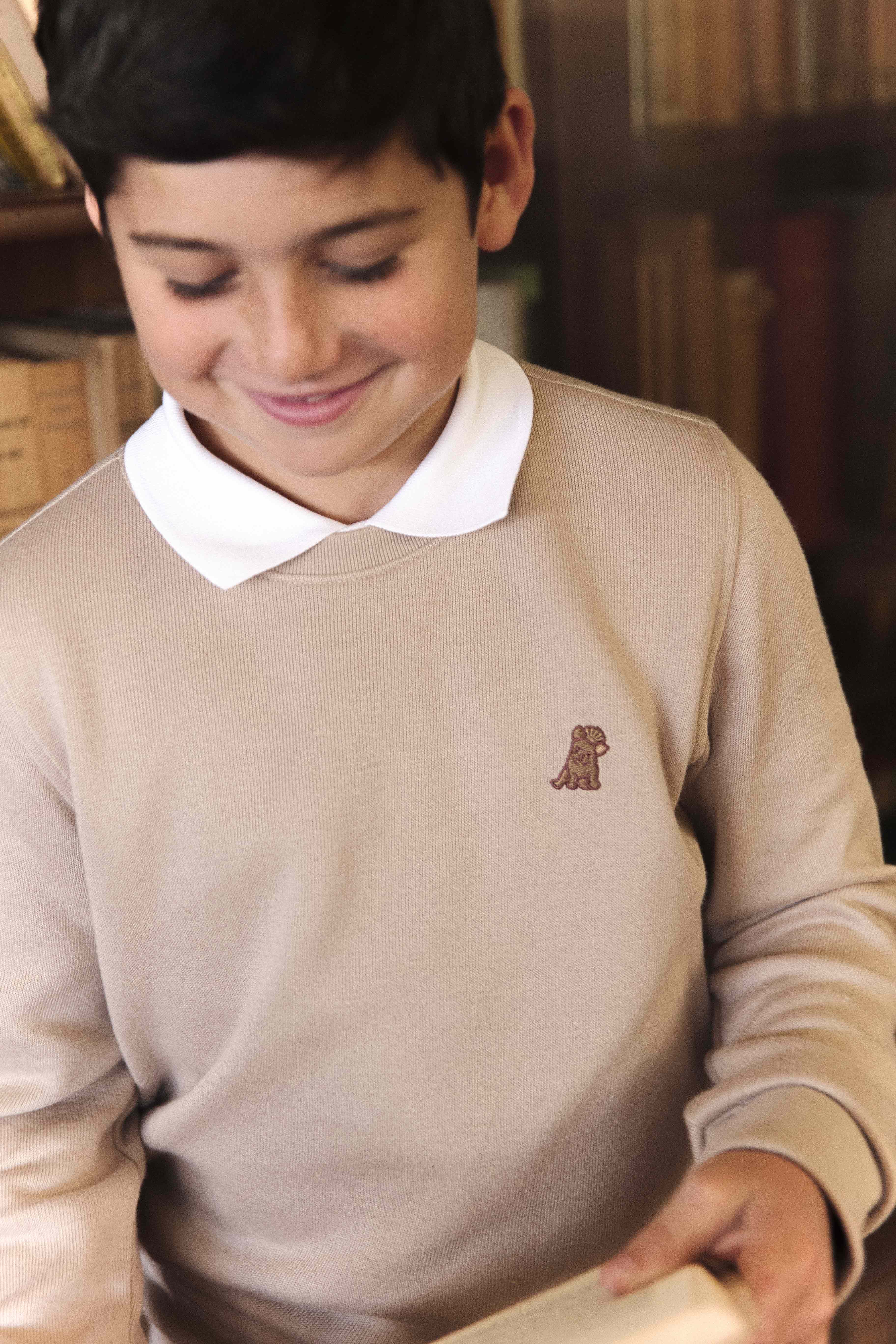 A young boy with short dark hair and freckles is smiling while looking down at a book. He is wearing a beige long-sleeved sweater with a white collared shirt underneath, and an embroidered dog logo on the chest. The background features wooden bookshelves filled with books, creating a warm, academic atmosphere.