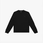 A black crewneck sweatshirt laid flat on a white background. It has long sleeves, ribbed cuffs, and a ribbed hem. A subtle embroidered logo, matching the black fabric, is positioned on the left chest area. The neckline features a black label with white text, indicating the brand "JAMES BARK." The fabric appears soft and comfortable.