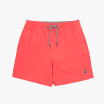 Front view of coral-colored swim trunks featuring a contrasting drawstring and a subtle embroidered logo on the left leg.
