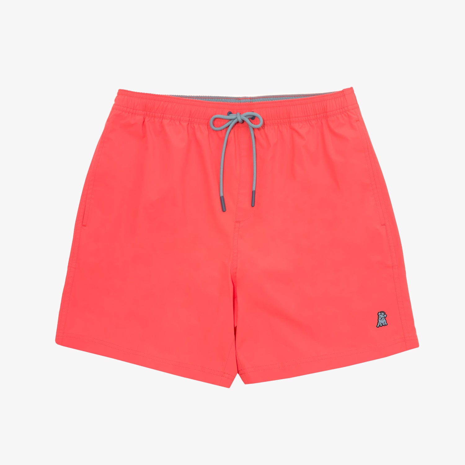 Front view of coral-colored swim trunks featuring a contrasting drawstring and a subtle embroidered logo on the left leg.