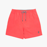 Front view of coral-colored swim trunks featuring a contrasting drawstring and a subtle embroidered logo on the left leg.