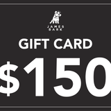 A $150 James Bark gift card with a black background and bold white text, featuring the brand logo at the top.