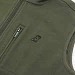 A close-up shot of the chest pocket zipper and small embroidered logo.