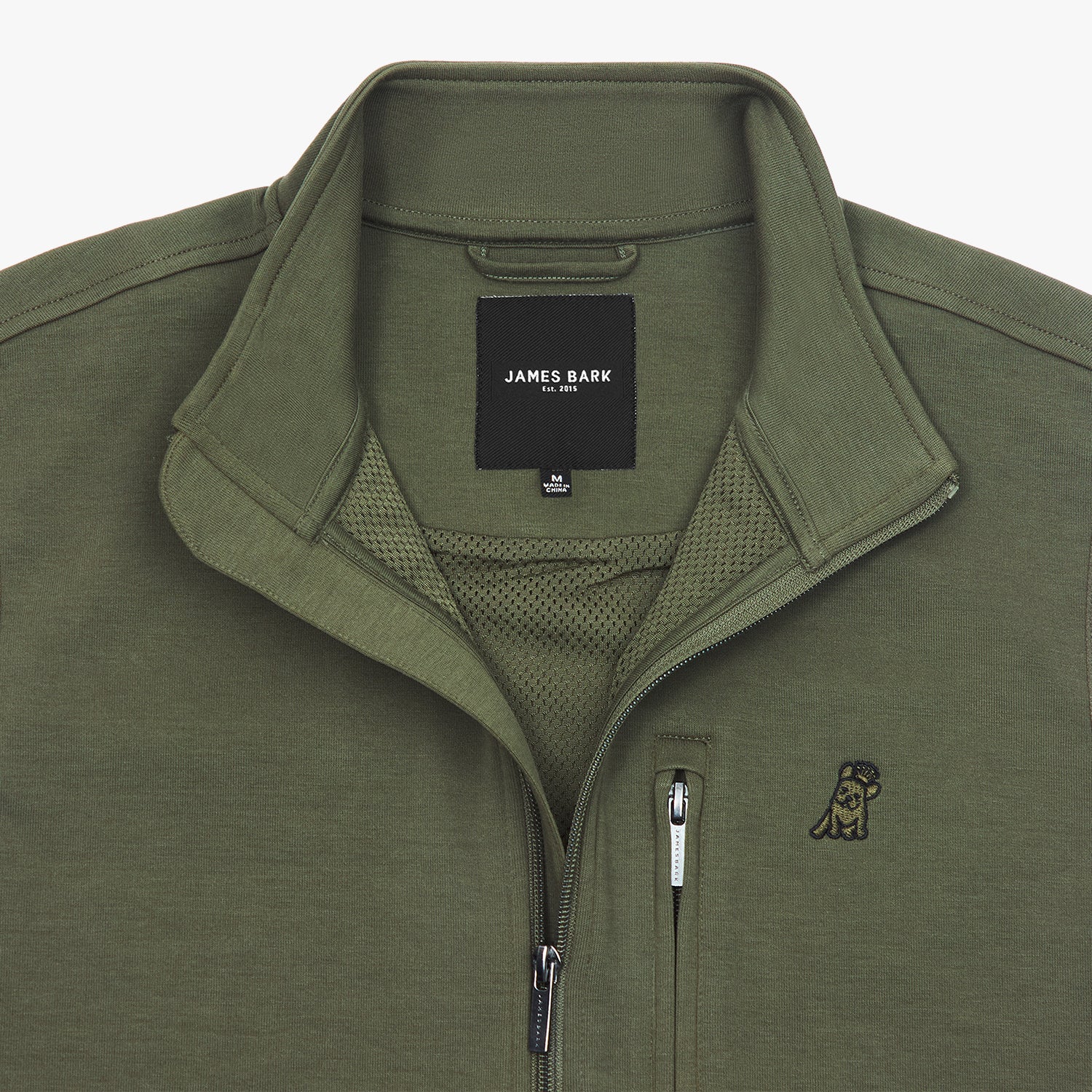 A detailed close-up of the vest’s collar area, showing the inside lining and branding.