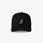 A black baseball cap featuring a small, dark gray embroidered dog