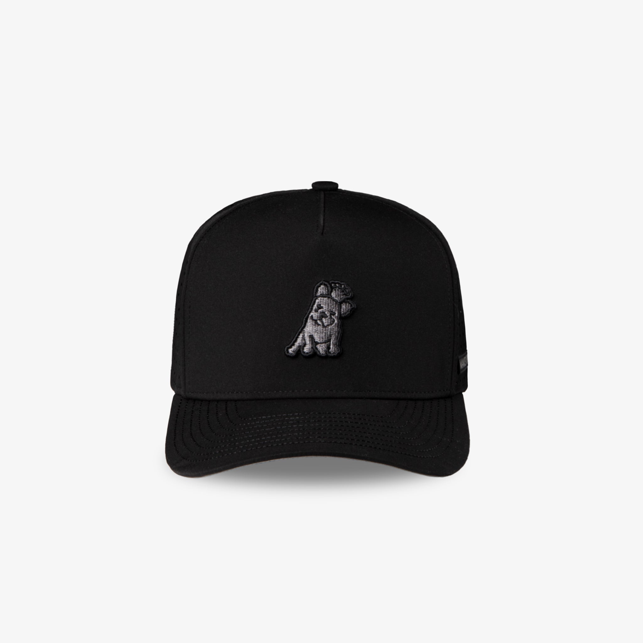 A black baseball cap featuring a small, dark gray embroidered dog