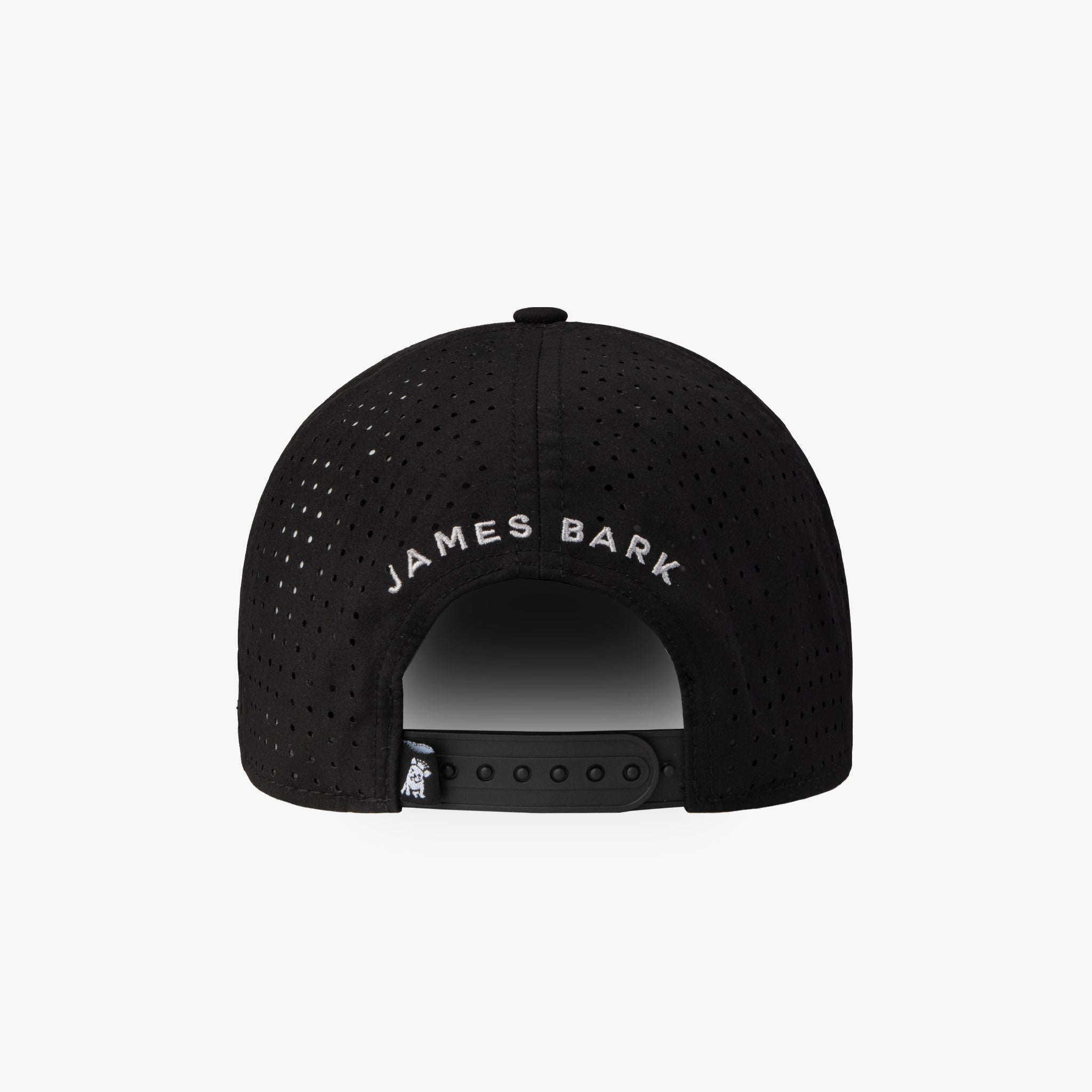 Black James Bark branded perforated baseball cap shown from the back, featuring white embroidered text