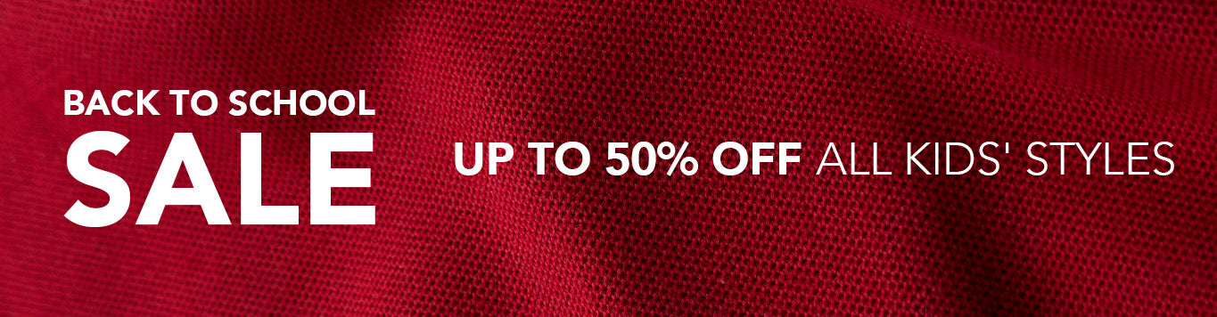 Red background with 'Back to School Sale' text offering up to 50% off kids' styles.