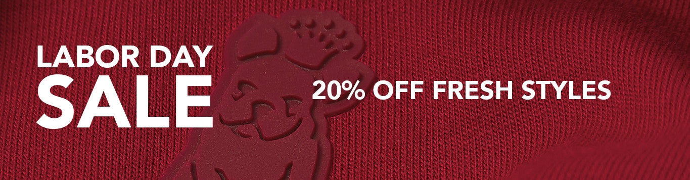 Red sweatshirt with 'Labor Day Sale' and '20% Off Fresh Styles' text on a red background
