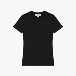 A black short-sleeve T-shirt laid flat on a white background. It features a ribbed crewneck collar and a fitted silhouette. A subtly embroidered logo of a dog, matching the black fabric, is positioned on the left chest area. The neckline includes a white label with black text displaying the brand "JAMES BARK" and the size "S." The fabric appears to be soft and high-quality.