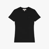 A black short-sleeve T-shirt laid flat on a white background. It features a ribbed crewneck collar and a fitted silhouette. A subtly embroidered logo of a dog, matching the black fabric, is positioned on the left chest area. The neckline includes a white label with black text displaying the brand "JAMES BARK" and the size "S." The fabric appears to be soft and high-quality.