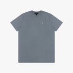 Gray t-shirt with a small logo on a white background