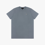 Gray t-shirt with a small logo on a white background