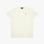 Beige t-shirt with a small logo on a white background