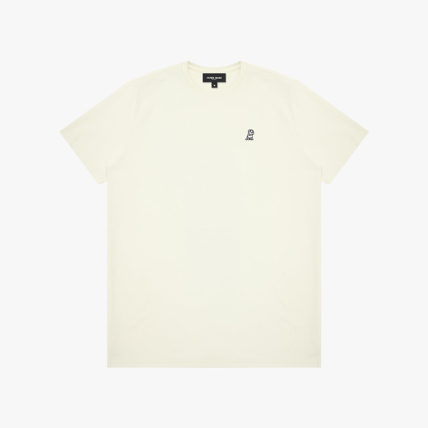 Beige t-shirt with a small logo on a white background