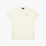 Beige t-shirt with a small logo on a white background