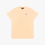 Beige t-shirt with a small logo on a white background