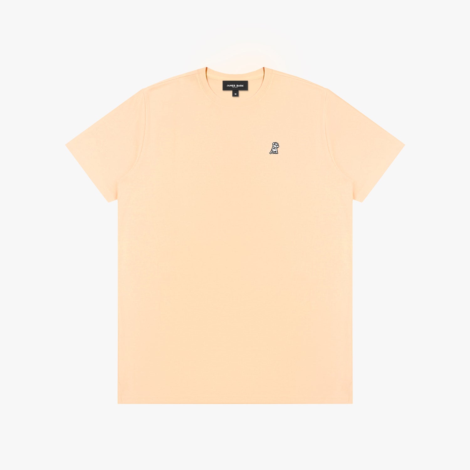 Beige t-shirt with a small logo on a white background