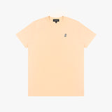 Beige t-shirt with a small logo on a white background