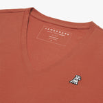 Close-up angled view of the inside collar area of the terracotta V-neck t-shirt laid flat, showing the V-neckline, the printed "JAMES BARK" brand tag, and the black and white embroidered dog logo on the chest