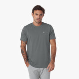 Man wearing a gray t-shirt with a small logo on a white background
