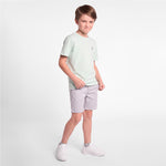 A young boy modeling a light mint green T-shirt, gray shorts, and white sneakers against a white background.