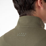 A close-up of the model’s back, highlighting the "James Bark" branding embroidered on the vest’s collar.