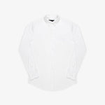 Flat-lay of the white button-up shirt: The shirt is laid flat, showcasing its clean and classic design, with a button-down collar and long sleeves.