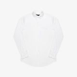 Flat-lay of the white button-up shirt: The shirt is laid flat, showcasing its clean and classic design, with a button-down collar and long sleeves.