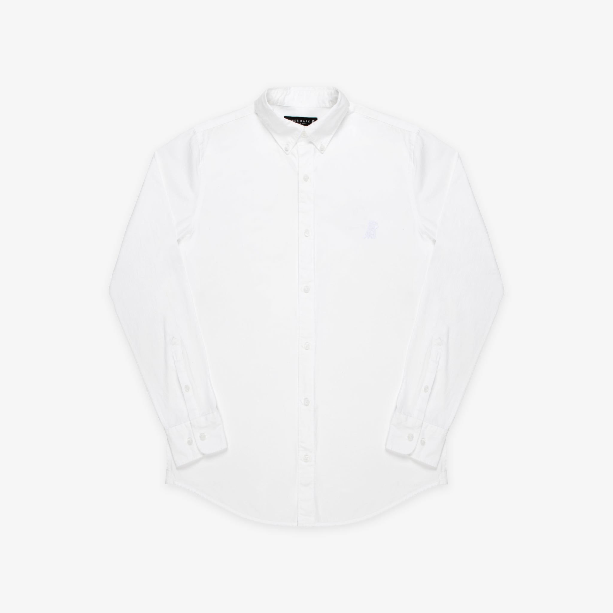 Flat-lay of the white button-up shirt: The shirt is laid flat, showcasing its clean and classic design, with a button-down collar and long sleeves.