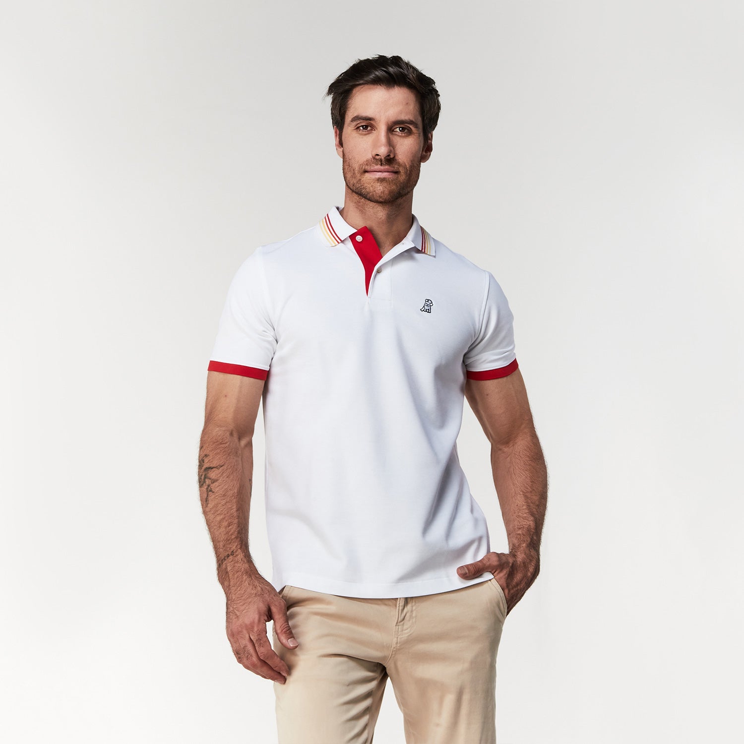 Men's White Red Stripe Details Polo Shirt - JAMES BARK