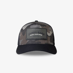 Front view of a black and camo trucker hat with a patch that reads "James Bark - Make Your Mark